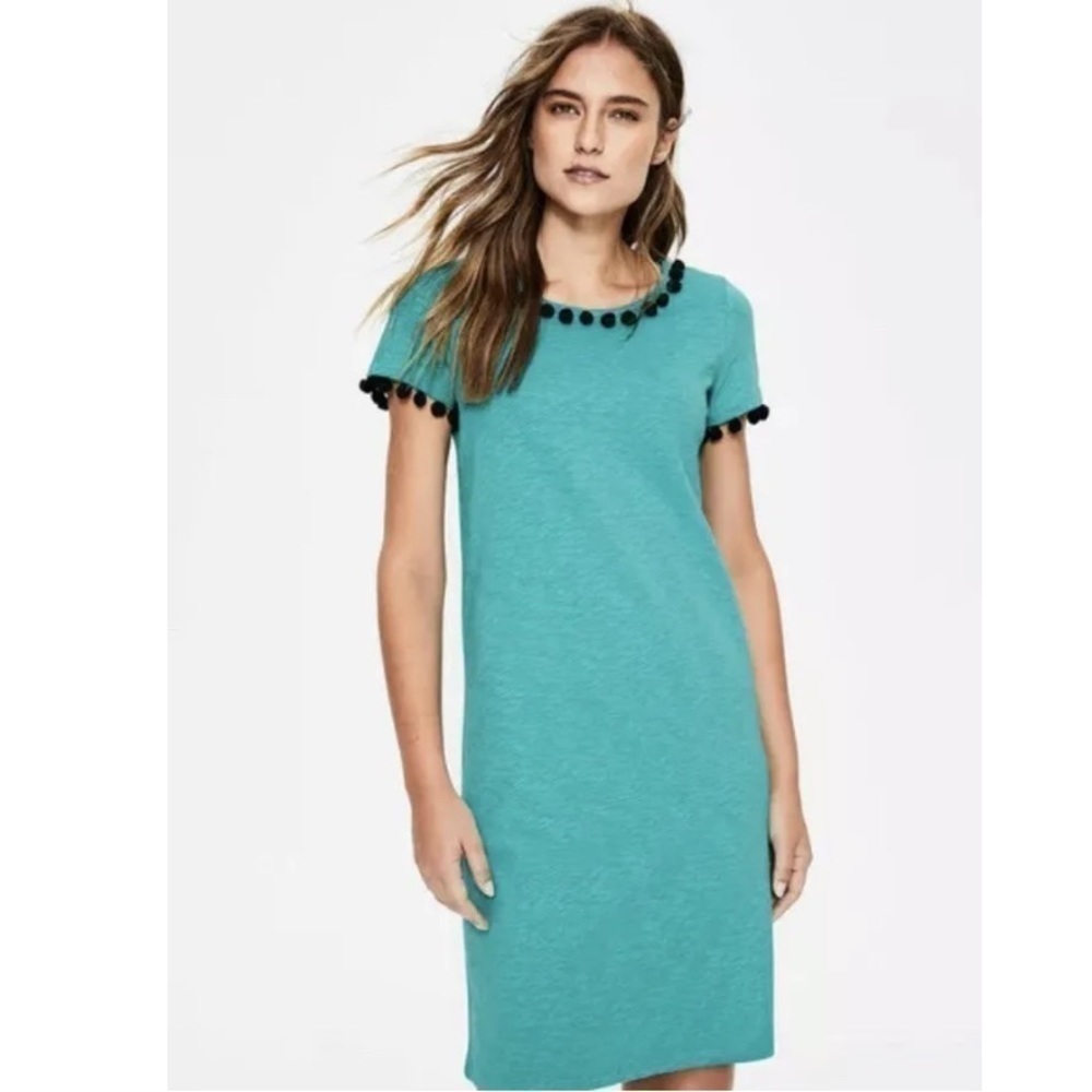 Boden Bridget Jersey Pom Pom Cotton Teal Shirt Dress Size 6 Long